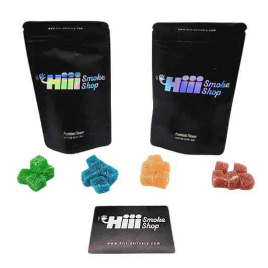 Hiii Smoke Shop assorted THC gummies 1000mg pack – colorful cannabis edibles with premium packaging from www.hiii-delivery.com