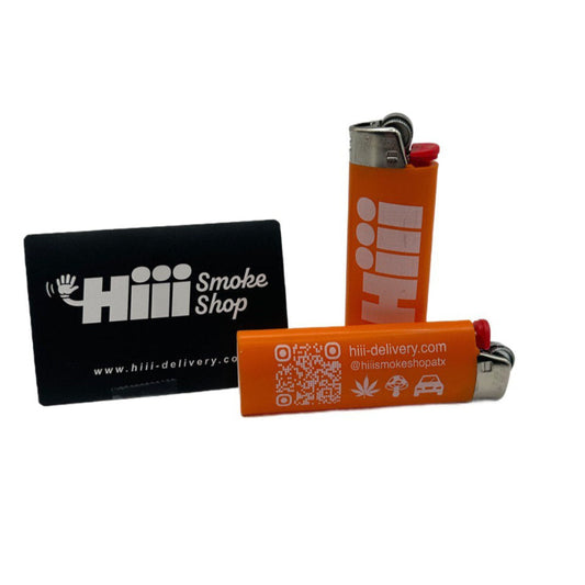 Hiii Smoke Shop custom orange lighters with QR code and black promo card featuring website and social media handle for cannabis delivery service.