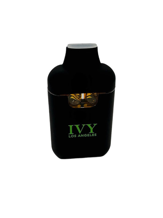 Ivy Dual Tank Disposable 2g – sleek black cannabis vape device with visible oil chamber and green Ivy Los Angeles branding.