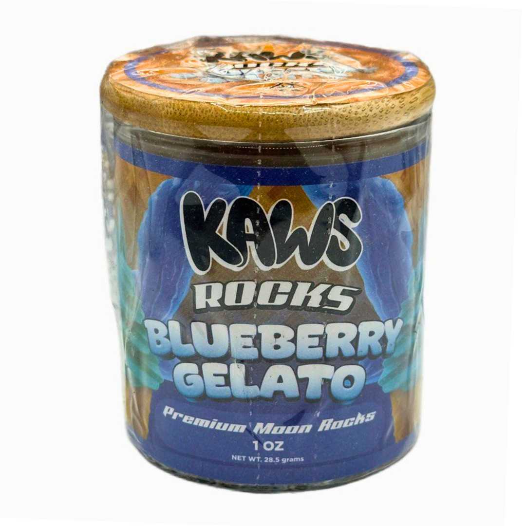 Jar of KAWS Rocks Blueberry Gelato on a white background