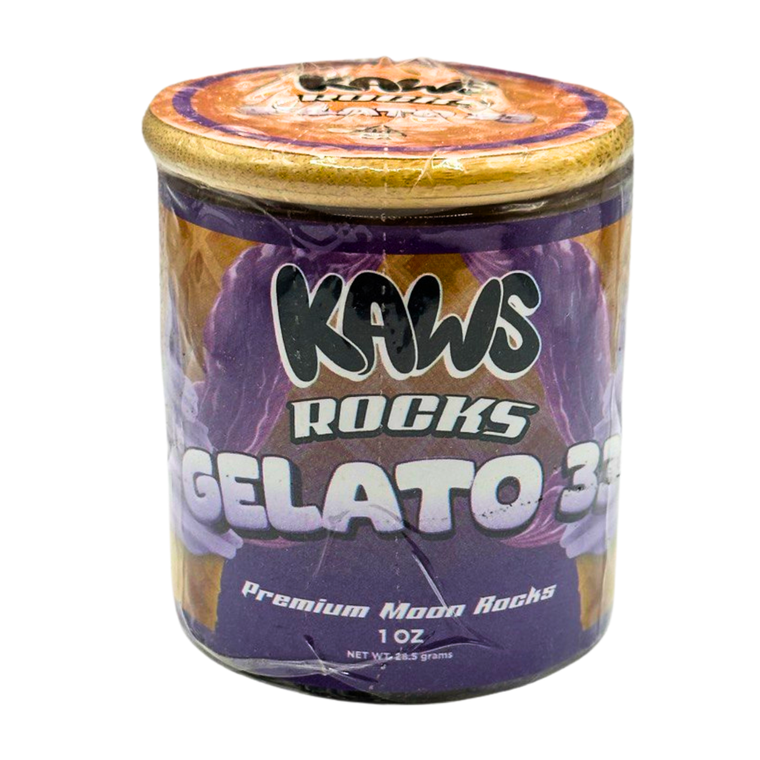 Jar of Kaws Rocks Gelato 3 with purple and orange design on a white background