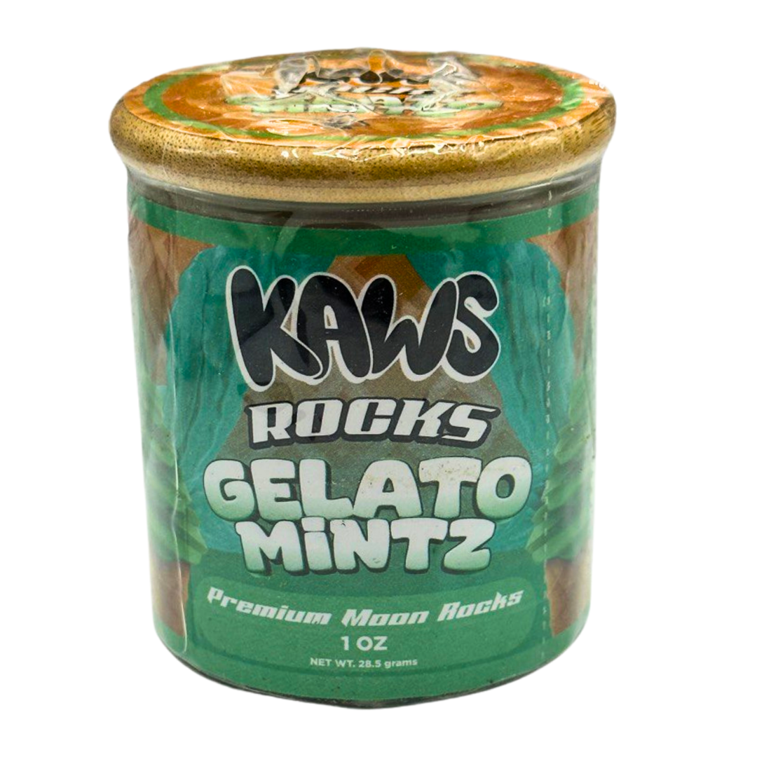 Jar of Kaws Rocks Gelato Mintz on a white background
