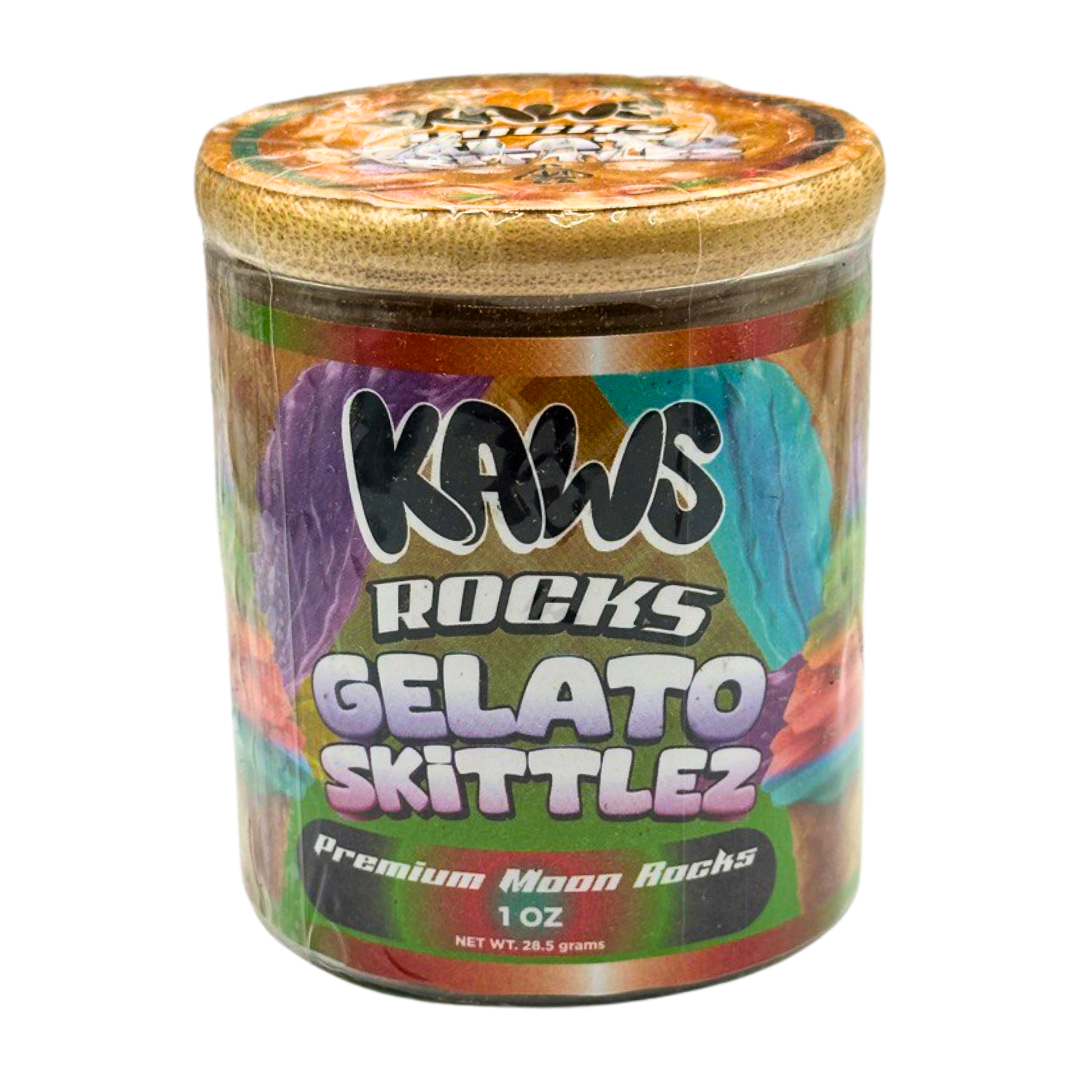 Jar of KAWS Rocks Gelato Skittlez on a white background