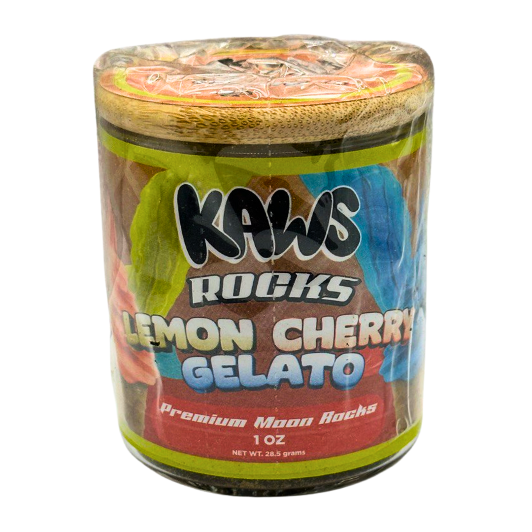 Jar of Kaws Rocks Lemon Cherry Gelato on a white background