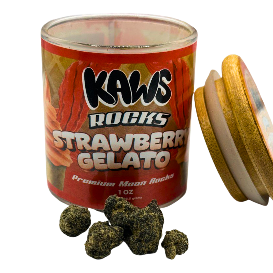 Jar labeled 'Kaws Rocks Strawberry Gelato' with moon rocks on a white background