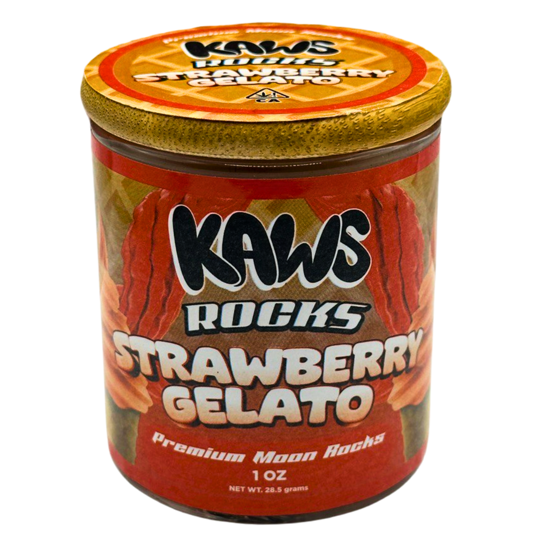 Jar of Kaws Rocks Strawberry Gelato on a white background