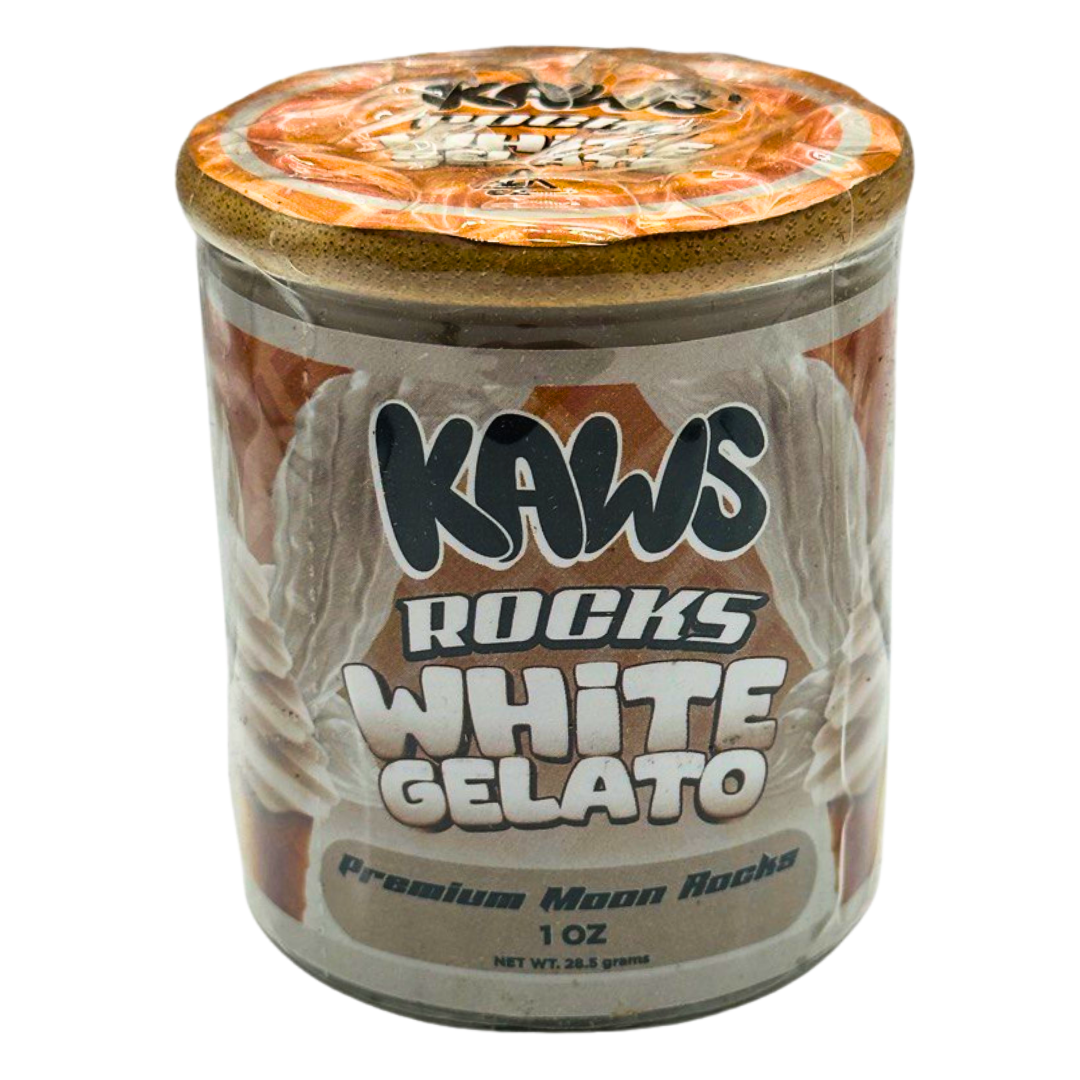 Jar of KAWS Rocks White Gelato with decorative lid on a white background
