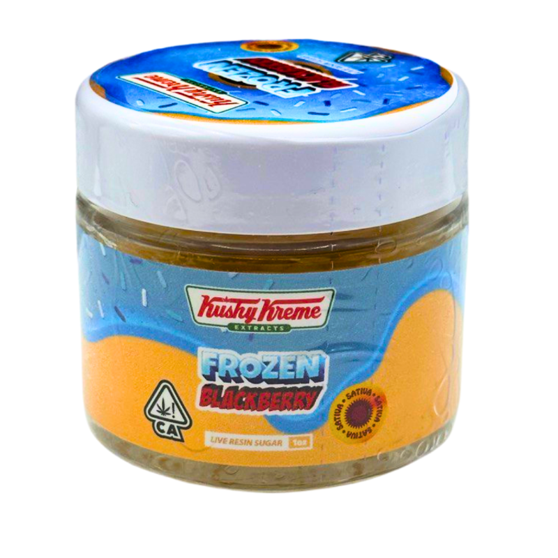 Jar of Kushy Kreme Frozen Blackberry flavor on a white background