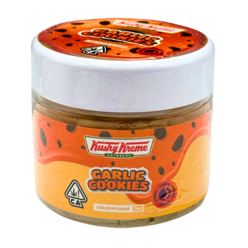 Jar of 'Garlic Cookies' by Kushy Kreme Extracts on a white background