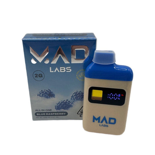 Mad Labs 2g Blue Raspberry all-in-one vape device and packaging featuring digital display and indica strain branding.