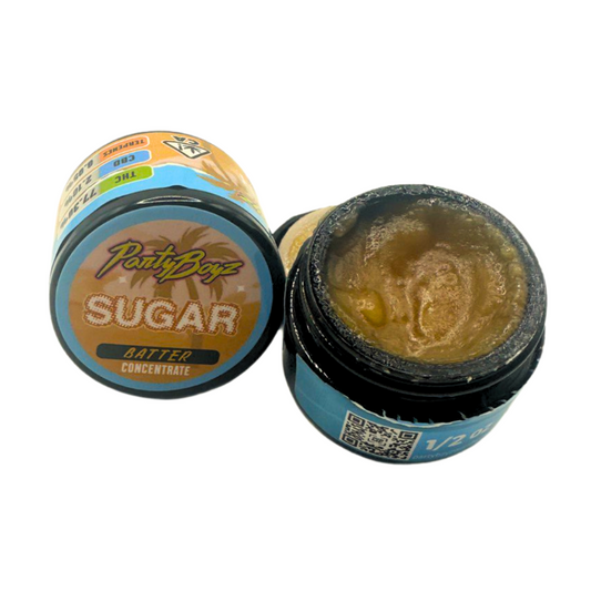 Party Boyz Sugar Batter cannabis concentrate – 14g jar of golden live resin batter with rich terpene content, shown in open and closed containers with THC label and QR code.