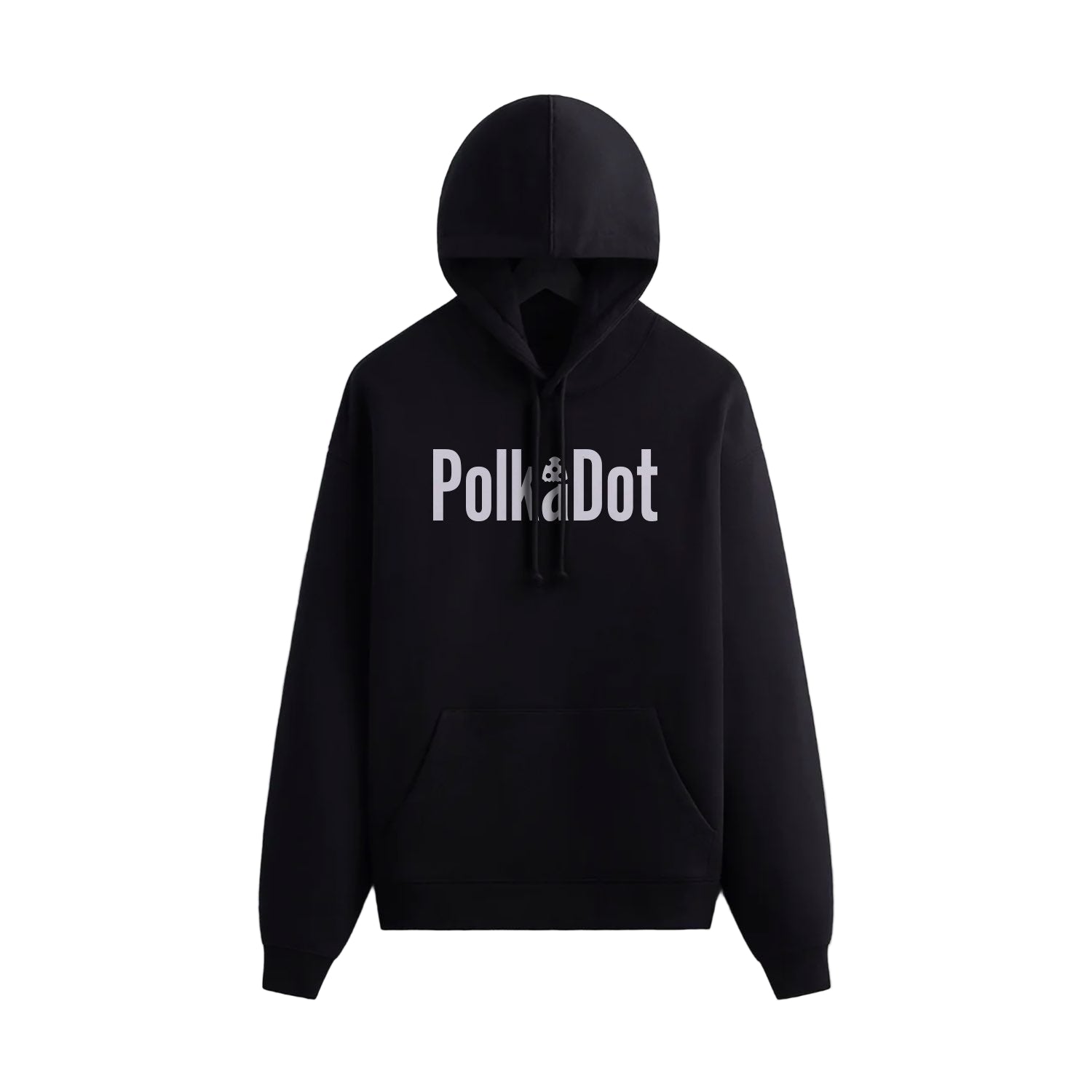 PolkaDot black hoodie with minimalist gray logo text, unisex streetwear sweatshirt displayed on hanger against neutral background.
