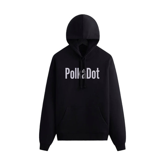 PolkaDot black hoodie with minimalist gray logo text, unisex streetwear sweatshirt displayed on hanger against neutral background.
