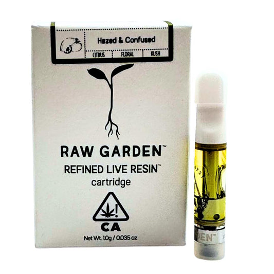 Raw Garden Refined Live Resin vape cartridge 1g – Hazed & Confused strain with citrus, floral, and kush notes, premium California cannabis oil in sleek packaging.