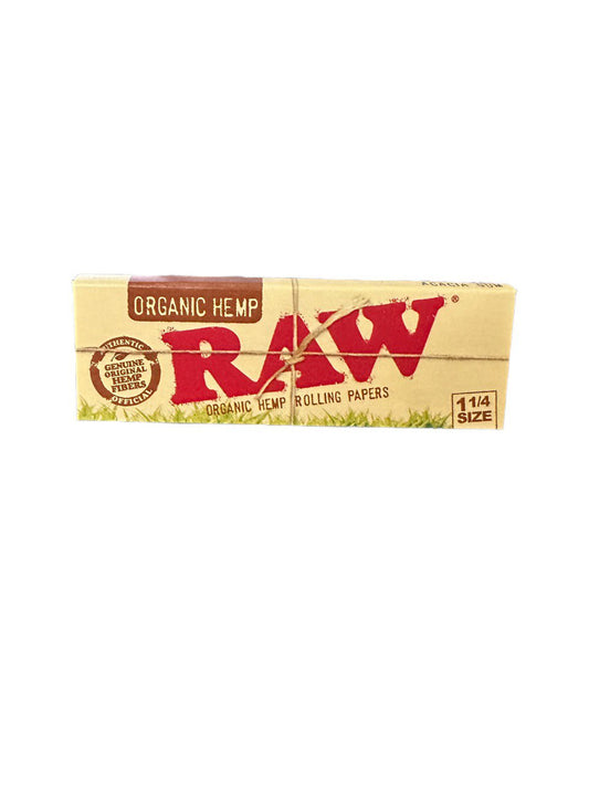 RAW Organic Hemp Rolling Papers 1 1/4 size – eco-friendly unrefined natural papers for smooth smoking experience, made from organic hemp fibers.
