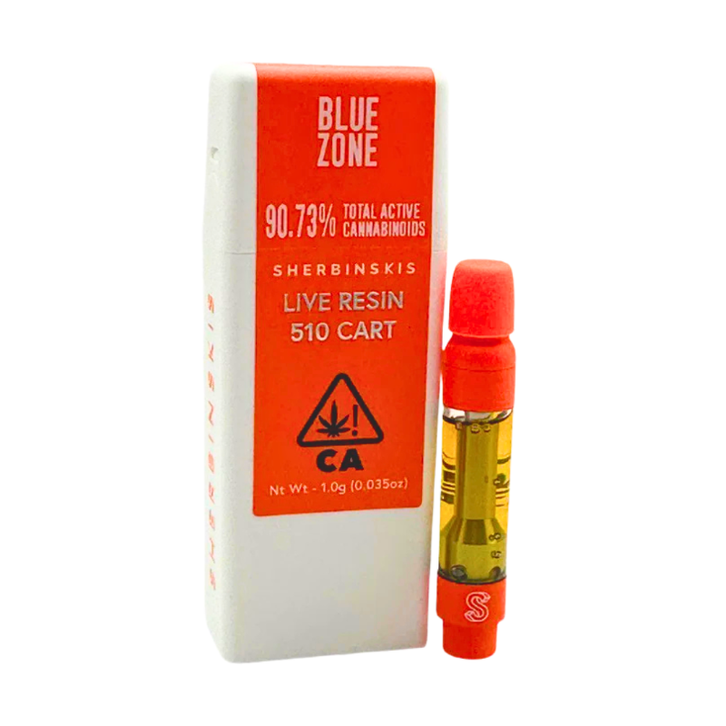 Cannabis cartridge with packaging labeled 'Blue Zone' on a white background