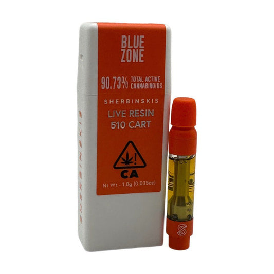 Sherbinskis Blue Zone Live Resin 510 Cartridge – 1g premium THC vape cart with 90.73% total cannabinoids in orange and white packaging.