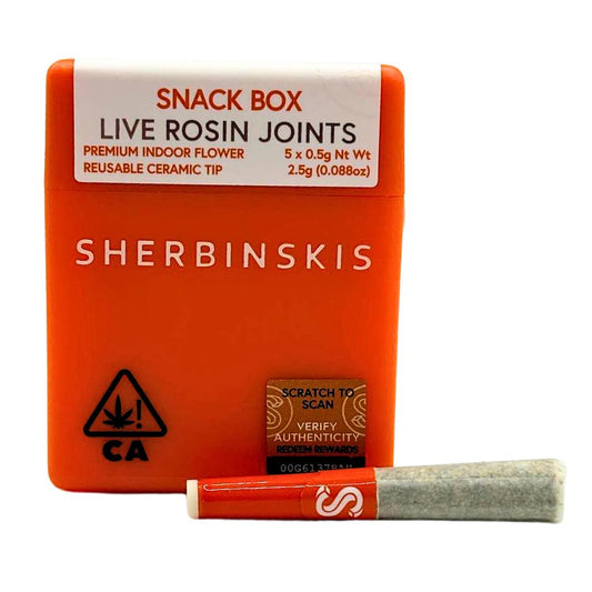Sherbinskis Snack Box Live Rosin Joints 5-pack featuring premium indoor flower with reusable ceramic tip, 2.5g total, California-compliant cannabis pre-rolls with authenticity verification.