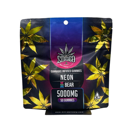 Smashed Neon Bear cannabis-infused gummies 5000mg – 50-count edible pack with bold black and gold leaf design, premium THC gummies from Hiii Smoke Shop.