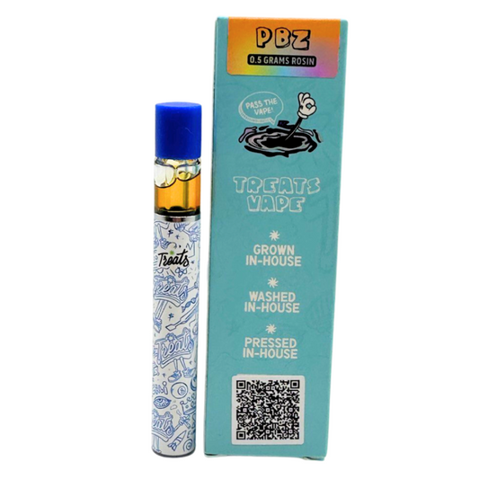 Treats Vape PBZ 0.5g Live Rosin Disposable – premium cannabis vaporizer with in-house grown, washed, and pressed rosin in sleek white and blue pen with branded packaging.